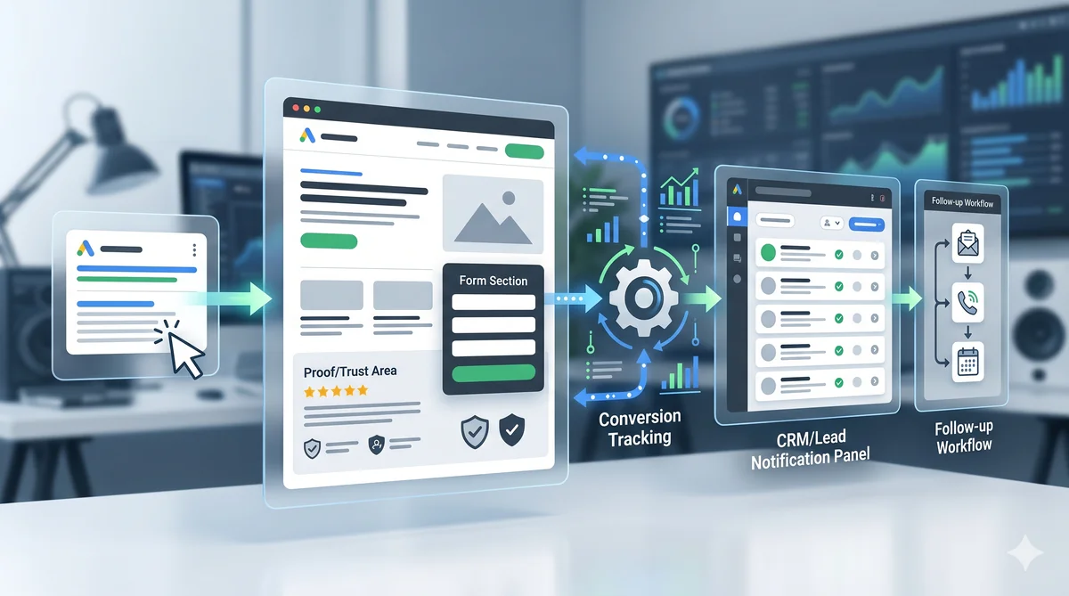 Структура landing page для лидогенерации в Google Ads с формой, текстом, proof и tracking